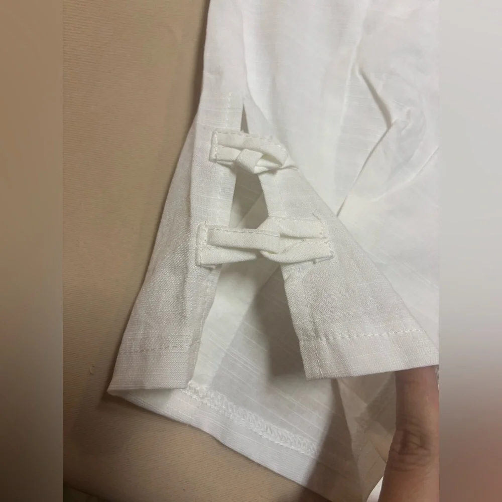 Linen Blend Pants‎ Womens M White Cropped Summer Resort Comfort Capri Drawstring